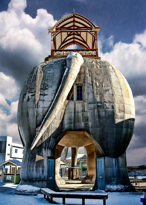 Photo Illustration of Lucy the Elephant, titled What a Pane in the Butt.